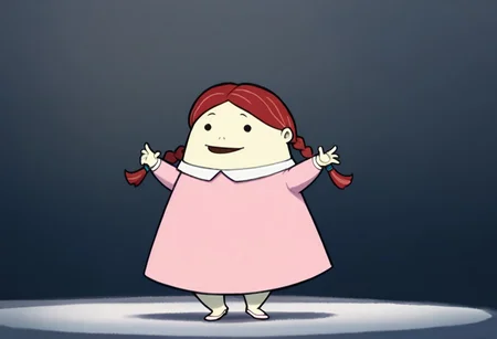 score_9, score_8_up, score_7_up BREAK helphu, 1girl, black eyes, red hair, pigtails, pale yellow skin, white-collared pink dress, pink shoes, dancing happily through buffet, dancing around buffet,