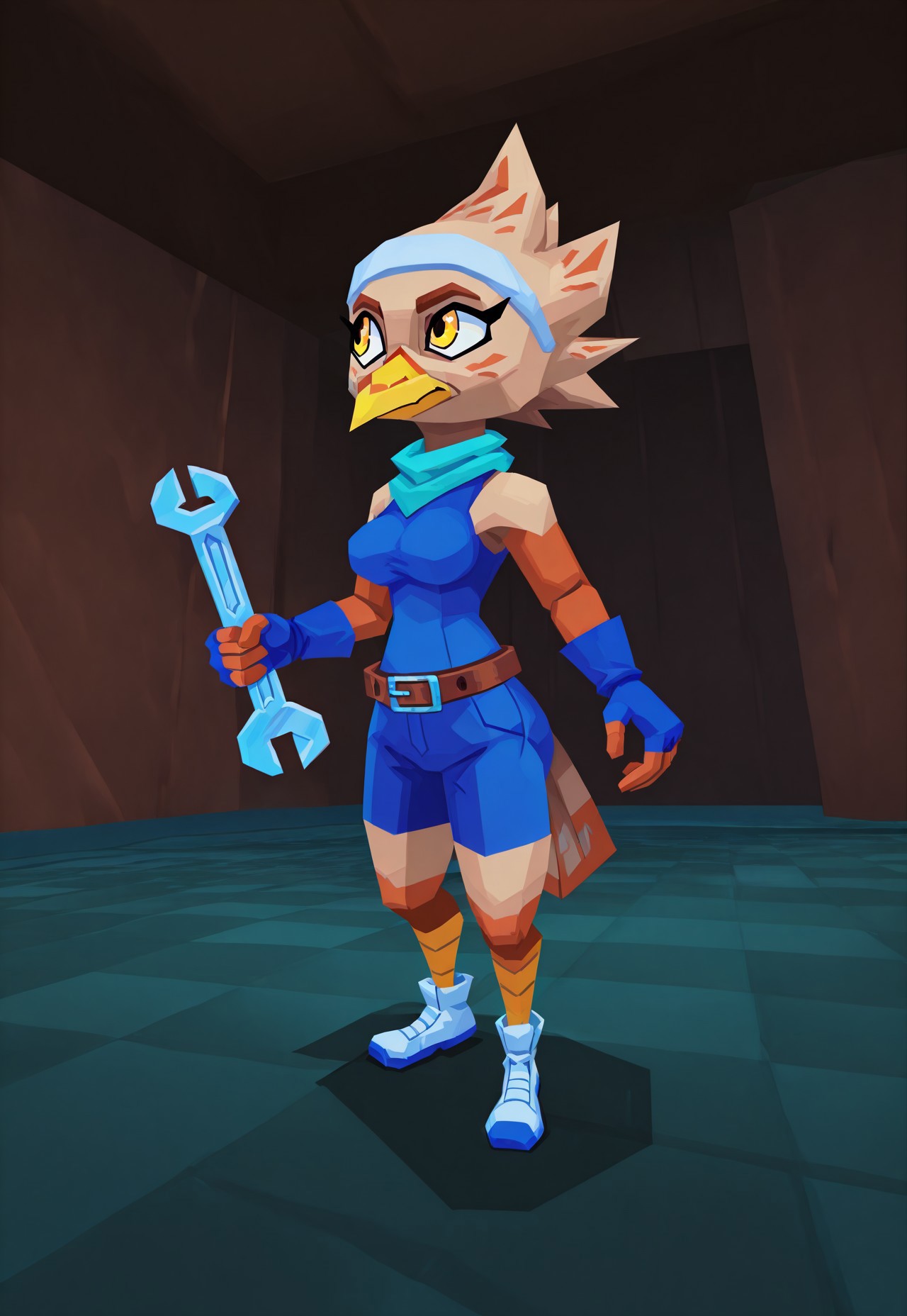 (beautiful, masterpiece, absurd res, detailed, dynamic lighting), artist:atlyss, 3d \(artwork\), low poly, 1girl, solo, k41k0, female furry bird, avian, beige feathers, beige hair, spiky hair, beak, yellow beak, yellow eyes, bird tail, teal scarf, white hairband, blue gloves, fingerless gloves, blue tank top, blue shorts, belt, white footwear, holding wrench, running