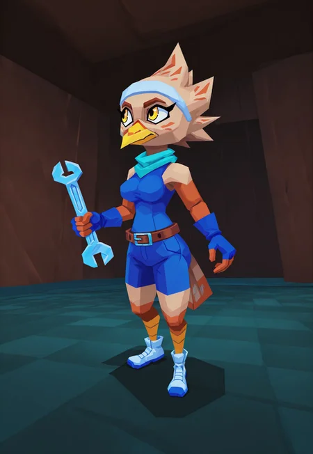 (beautiful, masterpiece, absurd res, detailed, dynamic lighting), artist:atlyss, 3d \(artwork\), low poly, 1girl, solo, k41k0, female furry bird, avian, beige feathers, beige hair, spiky hair, beak, yellow beak, yellow eyes, bird tail, teal scarf, white hairband, blue gloves, fingerless gloves, blue tank top, blue shorts, belt, white footwear, holding wrench, running
