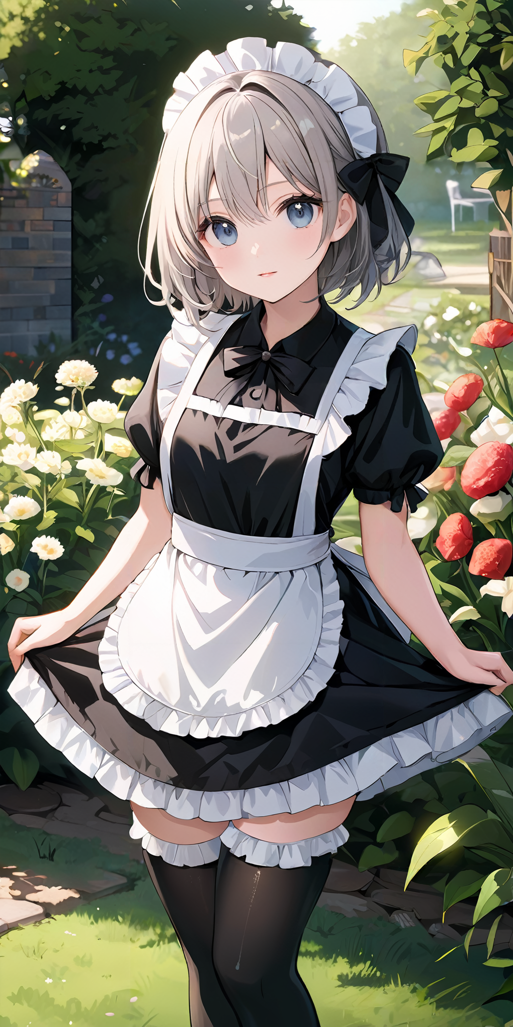 masterpiece,ultra-detailed,best quality,8K,illustration,ultra detailed face,cute face,clean skin ,shiny hair,girl,ultra-detailed-eyes, flower,garden,<lora:add-detail-xl:1>,cowboy shot, 
 <lora:maid_XL_V1.0:0.> jyojifuku, frills, apron,thighhighs,shoes,black dress,bow
