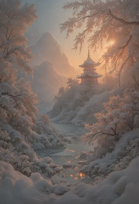 psychodelic scenic japan night landscape, novuschroma73 style, sakura garden, (((winter))), snow, frost, frozen, ice, mountains, lake, perfect composition, sunlight, golden hour, haze, low angle, masterpiece, award winning,, ultra detailed, highly detailed, 8k, uhd, Style-Japan, vivid colours, luminous, Pagoda