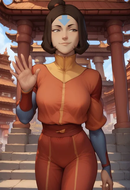 score_9, score_8_up, score_7_up, (1girl), standing, facing viewer, waving, (Jinora), wingsuit, bob cut, single hair bur, brown eyes, (smile:0.6), pagoda, temple