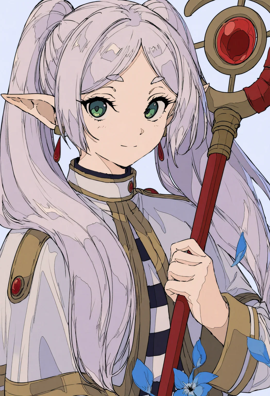 frieren, sousou no frieren, 
earrings, elf, gem, high collar, jewelry, light smile, pointy ears, red gemstone, shirt, simple background, striped clothes, striped shirt, twintails, parted bangs, closed mouth, upper body, blush, long hair, staff, thick eyebrows, sidelocks, holding staff, dangle earrings, white hair, capelet, gold trim, white background, long sleeves, looking at viewer, white capelet, crossover, blue flower, drop earrings, holding, green eyes, flower,
.
masterpiece, best quality, very aesthetic, absurdres
 <lora:ç¦è¶forNoob:0.95>