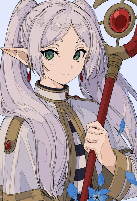 frieren, sousou no frieren,
earrings, elf, gem, high collar, jewelry, light smile, pointy ears, red gemstone, shirt, simple background, striped clothes, striped shirt, twintails, parted bangs, closed mouth, upper body, blush, long hair, staff, thick eyebrows, sidelocks, holding staff, dangle earrings, white hair, capelet, gold trim, white background, long sleeves, looking at viewer, white capelet, crossover, blue flower, drop earrings, holding, green eyes, flower,
.
masterpiece, best quality, very aesthetic, absurdres
<lora:ç¦è¶forNoob:0.95>