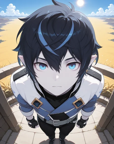 masterpiece, amazing quality, best quality, absurdres, very aesthetic,
1boy, solo, yaoi, male focus, full body, from above, standing, looking at viewer, face focus,
<lora:Vega_ilxl:1> vega, pointy ears, black hair, blue eyes, multicolored hair,pale skin,streaked hair, blue hair,
fingerless gloves, blue jacket, grey belt, black gloves, black pants, jewelry,
outdoors, day, blue sky, sun,