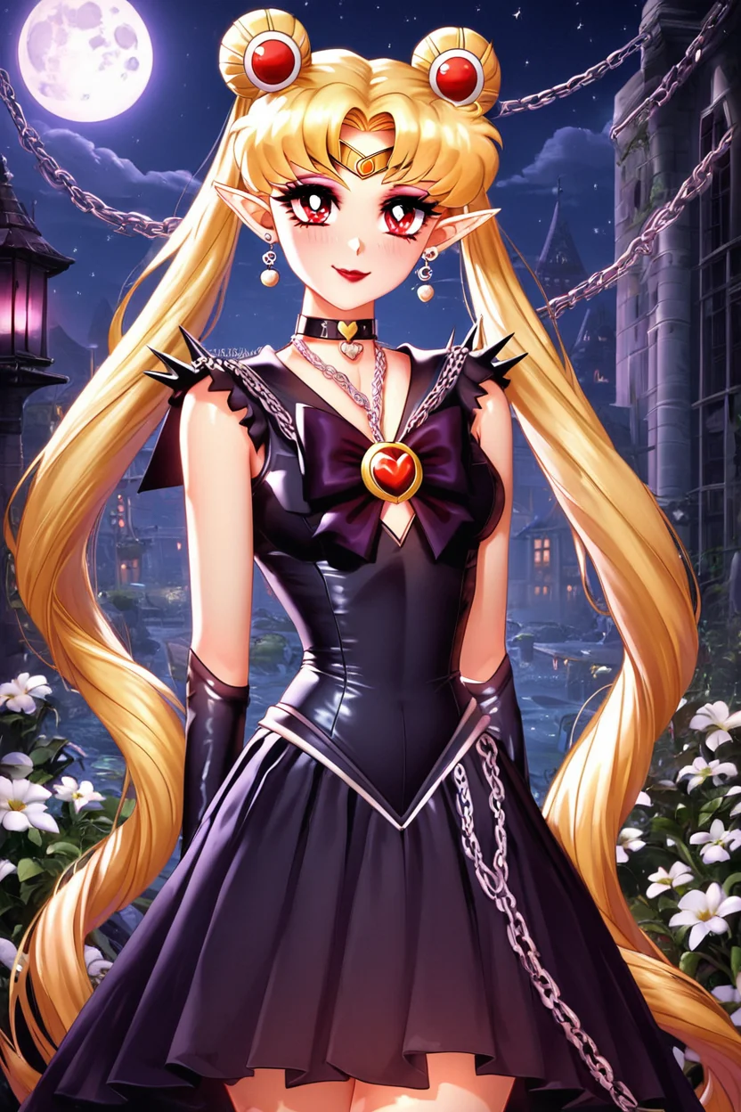 score_9, score_8_up, score_8, medium breasts, (curvy), cute, eyelashes, BREAK, , ,,, <lora:CruelMoon_PDXL:0.8>, zzCruelMoon, long hair, twintails, tsukino usagi, blonde hair, jewelry, hair bun, double bun, sailor moon, very long hair, choker, chain, spikes, gothic, parted bangs, red eyes, earrings, dress, makeup, holding, necklace, lipstick, black dress, pointy ears, night, ,,, , BREAK, smile, closed mouth, looking at viewer, cowboy shot, ,,, embedding:zPDXL, Expressiveh, ,,, <lora:Puppypaww_Style_PDXL_v2:0.8>, <lora:SDXLFaeTastic2400:0.5>, <lora:Expressive_H-000001:0.4>,