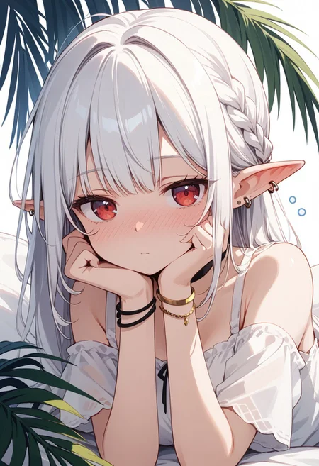 score_9, score_8_up, score_7_up , small-medium breasts, expressive eyes, BREAK 1girl, white hair, red eyes, long hair, ponytail, expressionless, looking at viewer, tired, jirai kei, white shirt, bare shoulders, piercing, ear piercing, choker, bracelet, elf ear, chibi, (young:1.5), white background, hair braided to ponytail, portrait, face in focus, resting head on palm, closed eyes, (sleepy:1.3), embarrassed, shy, blush, lustful, horny, nose blush, flustered, surprised,