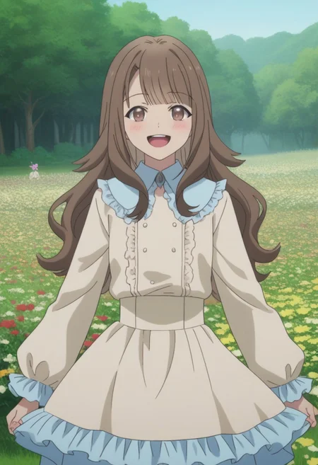 Hikari, long hair, brown hair, brown eyes, sidelocks, wavy hair, frilled dress,
(nsfw), (uncensored), (score_9), score_8_up, score_7_up, source_anime, cowboy shot, dynamic pose, 1 Female, solo, happy smile joy, blush, ashamed, shy, sexy, charming, alluring, seductive, enchanting, erotic,
((outdoors)), ((flower garden)), ((flowers)), ((many flowers)), spring petals, petals of flowers, spring, falling petals, flying butterflies,