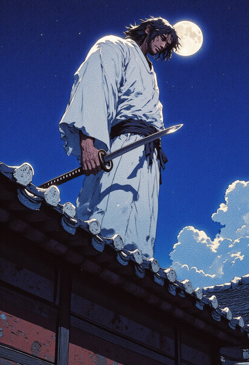 A of a japanese man standing in a white kimono holding a katana at his side on the top of a roof. Japanese architecture. Night. Moonlight. Cresent moon. Stars. Detailed background. Clouds. Black hair. 26 year old 
Cinematic lighting, volumetric lighting, 8k quality