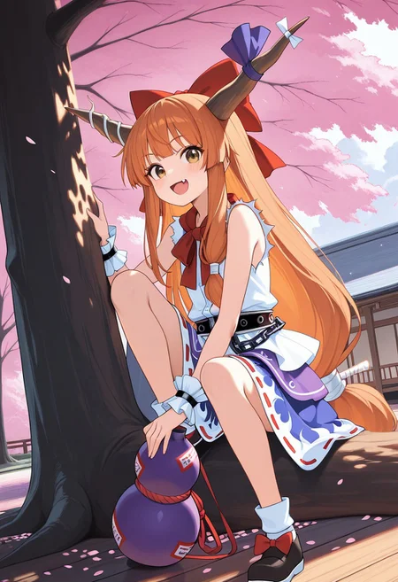 masterpiece, UHD, 8K, high res, high detailed, best quality,
official anime artwork, screencap, anime screencap, outdoors, looking at viewer, open mouth, smile, sitting, home on tree, wooden floor, terrace, smoke, sparks, petals, dynamic pose, holding gourd, hand on knee, ibuki suika, 1girl, solo, brown eyes, orange hair, very long hair, long hair, low-tied long hair, horns, oni horns, hair bow, horn ribbon, fang,, sleeveless shirt, skirt, wrist cuffs, bow, ribbon, horn ornament, chain
