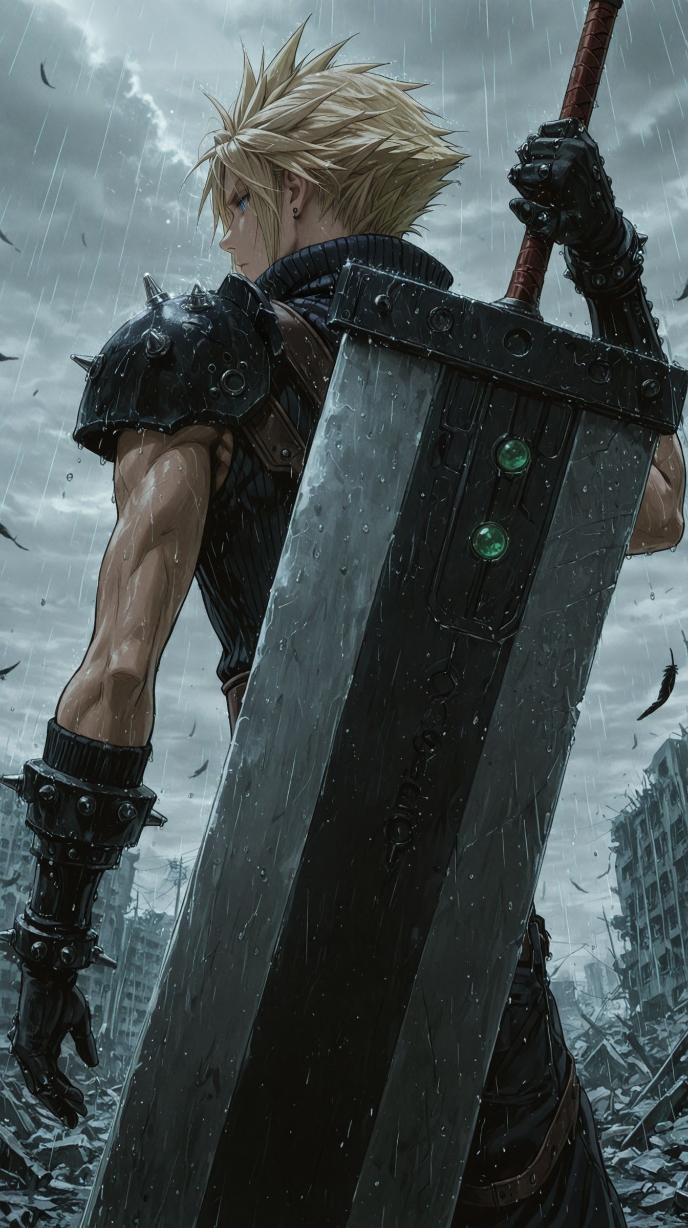1boy, solo, cloud strife, blonde hair, spiked hair, from behind, blue eyes, detailed eyes,
sleeveless topwear, crossbody belt, brown belt, spiked shoulder armor, spiked gauntlets, brown belt, cargo pants,
buster sword, sword on back, grabbing sword, materia, green materia,
destroyed city, destroyed building, rubble, rain, raindrops, overcast, cloudy sky, crows, crow feathers, black feathers, floating feathers, looking to the side, dramatic, cinematic, very dim lighting,
best quality, amazing quality, very aesthetic, absurdres, newest, scenery, anime coloring, flat color