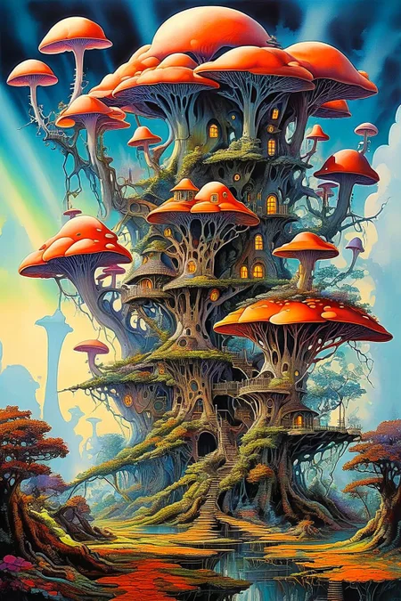 Surrealistic painting of highly detailed tree house with a giant mushroom growing out of it, dreamlike atmosphere, vibrant colors of cloudy sky with rays of sunlight shining through the trees
dagobahlnd <lora:DagobahLnd:0.7>