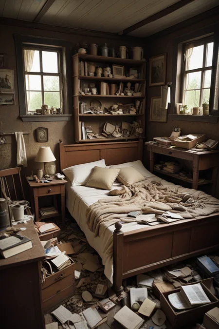 A cluttered expanse of discarded items and forgotten treasures lies hidden beneath a simple, unassuming bed. Mysterious secrets and long-lost memories await discovery amongst the jumbled pile, each object holding a unique story waiting to be unearthed.