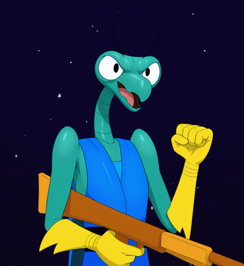 high resolution, best quality, 4k, 3d render, solo, male, front view, upper body, open smile, evil laugh, raised fist, looking up, holding rifle, stars background, <lora:Zorak_-_Space_Ghost_IL:1> z0r4k, insect, dokarian, mantis, black antennae, big eyes, black pupils, beak, teal skin, blue leotard, yellow gloves, long neck