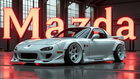 Text behind the car in large bold letters reads: "Mazda".
A highly detailed portrait of a 1992 Mazda FD RX-7, masterfully lowered and finished in immaculate white, white rims, white spoiler, and smoked headlights. The scene is set in an empty warehouse, where warm, filtered sunlight streams through expansive, slightly dusty windows, creating a dramatic interplay of light and shadows across the carâs flawlessly waxed, reflective surface. The car has a stunningly smooth white aftermarket front fender, bumper, and side skirts, enhancing its aerodynamic profile and elegant stance. The vehicle, turned off, exudes an aura of refined elegance. A full body red neon lighting kit under the car, lights up the ground below with a muted glow. The image is captured with a 70mm lens, positioned at a chest-height quarter angle to emphasize the car's sculpted lines and contours. A circular polarizer is utilized to minimize harsh reflections and accentuate the clarity and depth of the carâs glossy finish. Add a touch of classic film grain to infuse a gritty, vintage texture into the image, blending a sense of raw authenticity with the precise details of the carâs design. This composition is meticulously framed to showcase every intricate detail, making this an award-worthy UHD RAW photograph, celebrated for its stunning realism, exceptional quality, and artistic grit.