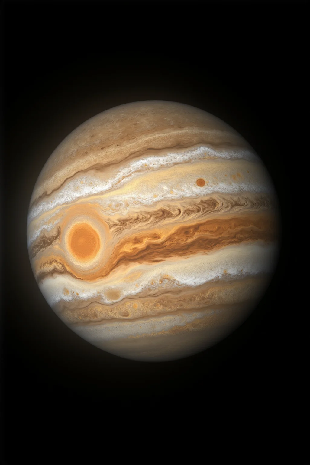 <lora:Vibrant_Nebula_2:0.8> VibrantNebula style.
The gas giant looms with sculptural majesty, its bands of cream, ochre, and sienna coiling in turbulent elegance around the vast, rust-red vortex of the Great Red Spot. Each cloud stripe exhibits flowing motion captured mid-undulation, textured with layers of soft haze and rippling fluidity that evoke giant atmospheric rivers frozen in time. Sunlight glints off high-altitude storms and low-lying whirlpools, creating contrast between light and depth across the curved surface. The sharp terminator line divides illumination and mystery, with one hemisphere glowing warmly while the other descends into rich shadow. The composition is symmetrical yet fluid, with every curve and spiral contributing to the visual rhythm. This planetary portrait merges high-fidelity astrophysical detail with baroque scale, presenting Jupiter as a living canvas of wind and force, swirling in perpetual grandeur against the black tapestry of space.