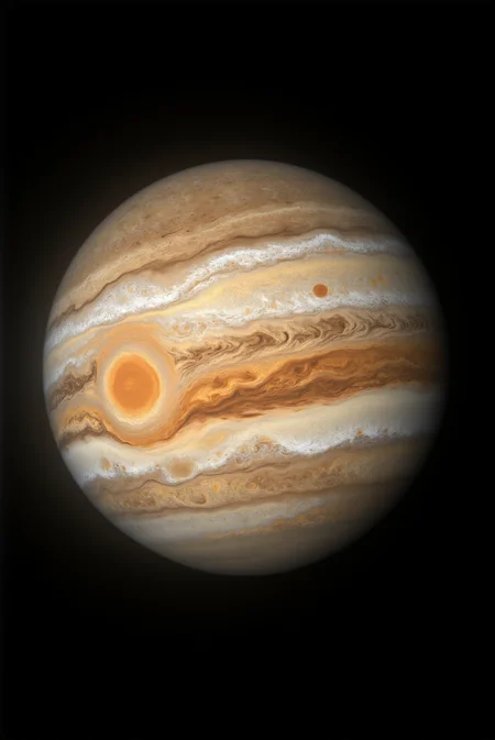 <lora:Vibrant_Nebula_2:0.8> VibrantNebula style.
The gas giant looms with sculptural majesty, its bands of cream, ochre, and sienna coiling in turbulent elegance around the vast, rust-red vortex of the Great Red Spot. Each cloud stripe exhibits flowing motion captured mid-undulation, textured with layers of soft haze and rippling fluidity that evoke giant atmospheric rivers frozen in time. Sunlight glints off high-altitude storms and low-lying whirlpools, creating contrast between light and depth across the curved surface. The sharp terminator line divides illumination and mystery, with one hemisphere glowing warmly while the other descends into rich shadow. The composition is symmetrical yet fluid, with every curve and spiral contributing to the visual rhythm. This planetary portrait merges high-fidelity astrophysical detail with baroque scale, presenting Jupiter as a living canvas of wind and force, swirling in perpetual grandeur against the black tapestry of space.
