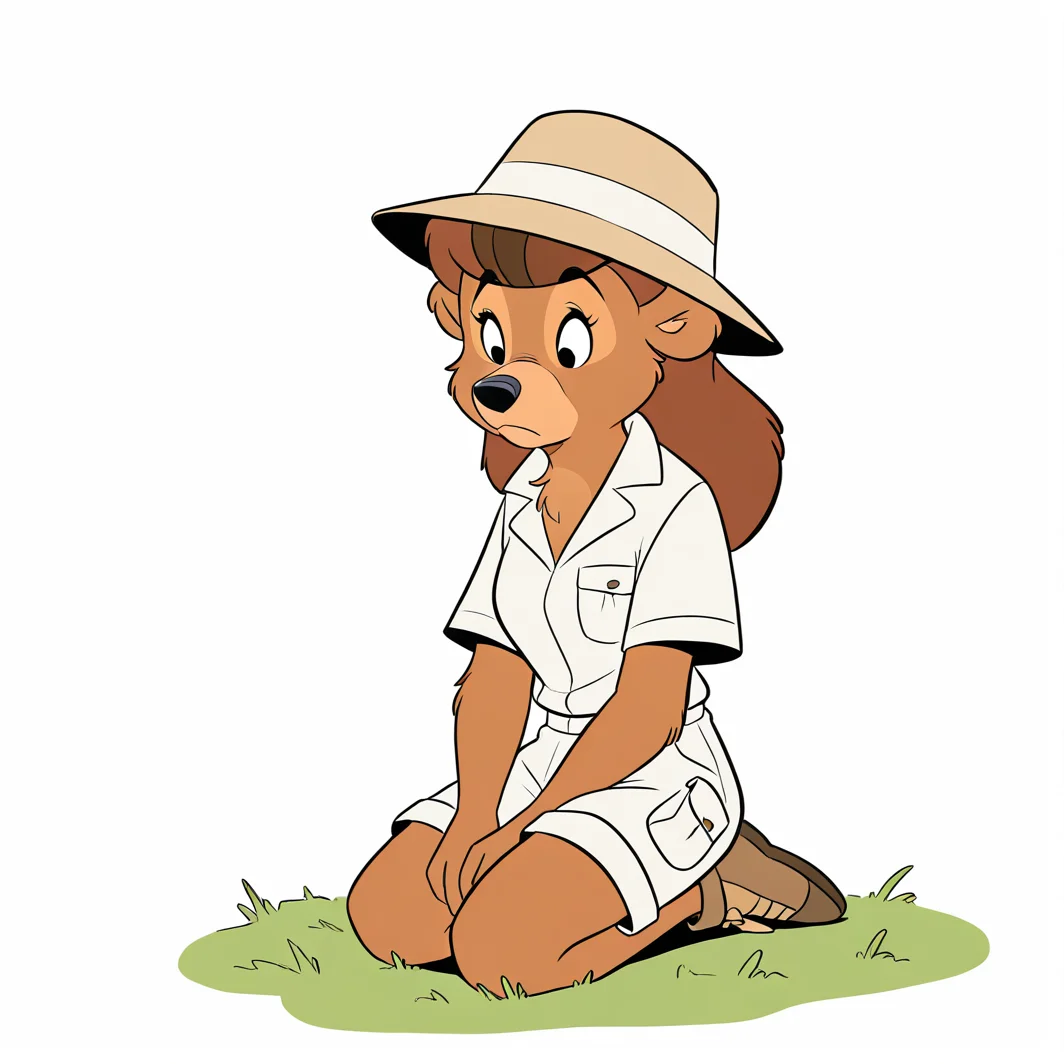 (masterpiece), (best quality), (ultra-detailed), amazing quality, very aesthetic, illustration, perfect composition, intricate details, absurdres, incredibly absurdres, <lora:rebecca_cunningham_illustrious:1>, black eyes, retro artstyle, 1girl, solo, long hair, simple background, shirt, hat, white background, animal ears, closed mouth, full body, white shirt, short sleeves, shorts, collared shirt, kneeling, brown footwear, grass, i furry, pocket, white shorts, furry female, bear girl, brown fur, brown hair, body fur, furry girl