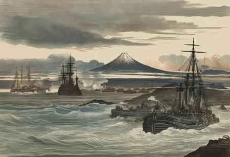 woodcut, tokio bay 1865, big black steam powered battleship, armoured battleship, gustave dore style, gustave dore clouds, hokusai waves, hokusai mount fuji in the background