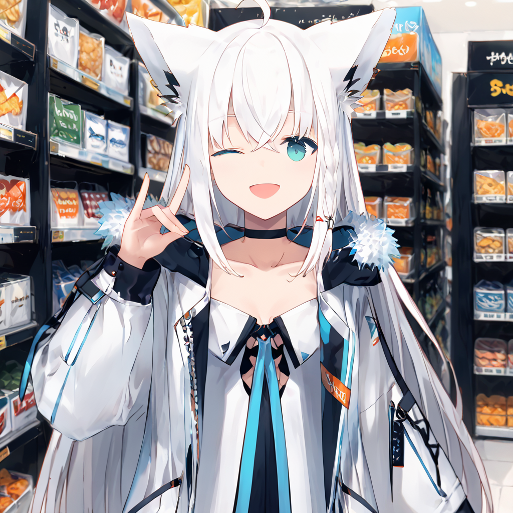 core_9,score_8_up,score_7_up,source_anime,1girl,high res image,masterpiece,best quality,(girl:1),cute face,clear skin,shiny hair,<lora:Shirakami_Fubukiç½ä¸ããã­hololiveVtube:0.9>,fubuking_tek,choker,white jacket,
fox ears,ahoge,smile,open mouth,fox tail,<lora:cnv3mdde878c738thn20:0.8>,shop,cowboy shot,shopping,fox shadow puppet,one eye closed,