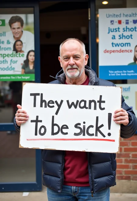 (A very sick individual:1.2), hold sign that reads, "they want you to be sick", standing outside clinic, (posters reading, "United Health to help improve your disease", "pfizer just a shot away from dependence"