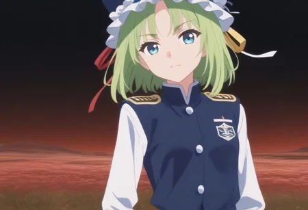 1girl, solo, solo focus, highres, absurdres, shikieiki, green hair, frilled hat, blue eyes, blue headwear, short hair,
long sleeves, black skirt, white shirt, blue vest, red ribbon, epaulettes, small breasts, arm ribbon, buttons,
looking at viewer, head tilt,
spider lily, flower field, night sky, red sky, dark, red theme,