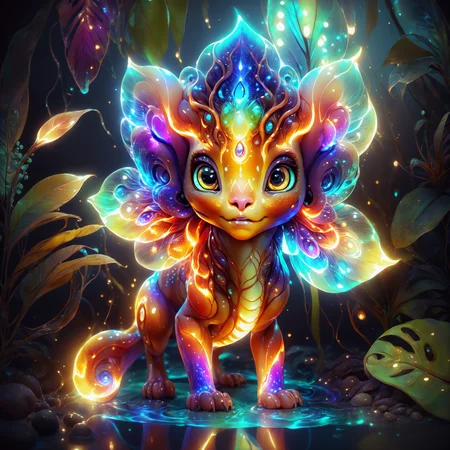 <lora:aiai-DiscoFire-XL1-v1-captions:0.75> aiai-DiscoFire style cute furry water creature with large detailed eyes and long realistic fur, pixar style character design, ethereal glow, lushfoliage, tropical , masterpiece, its body is covered in a thick layer of mucus, otherworldly appearance, infused dark magic, exaggerated colorful art, mysticism, unique immersive, highly detailed, 8K vibrant colors, high contrast, vivid lighting, hyperrealism