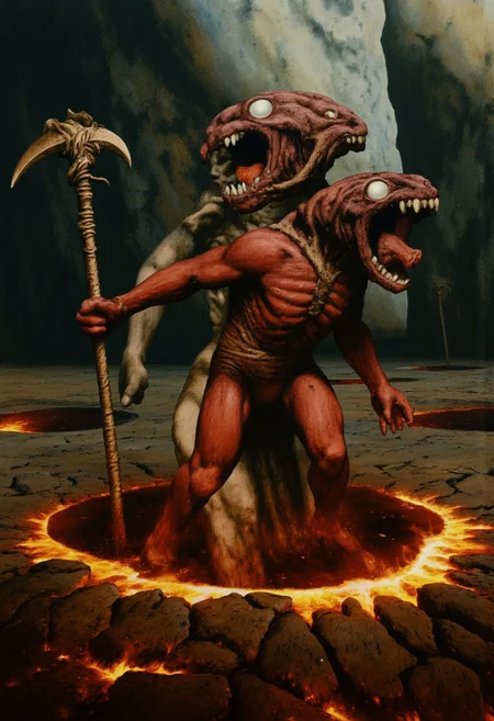b3rs3rk macro lens d4concept pov, 3D01S, simple background d4artstyle atmospheric and powerful MikeFranchinastyle dark fantasy, natural organic and first person pov of a berserk style creature in the Tsutomu Nihei style
Nightmarish two-headed beast rising from molten ground, dark fantasy horror. Each head has three milky, pupilless eyes arranged vertically, with gaping maws full of needle-like teeth, locked in a perpetual scream. Its skin is a mix of reddish-brown scales and brain-like folds, with deep brow ridges and sunken cheeks that give it an ancient, primordial look.
The beast has a muscular humanoid torso, hunched and powerful, with thick arms and oversized hands ending in sharp claws. Its lower body is submerged in fiery, cracked earth, suggesting a more monstrous form beneath. The creature wields a long staff or spear with a curved, scythe-like blade, adorned with primitive wrappings.
The environment is shrouded in swirling smoke and molten rock, with lava casting a hellish glow. Cracks in the ground pulse with golden light, hinting at intense heat. The art style combines realism with dark fantasy, focusing on intricate details of the creature's skin and features. Warm browns, reds, and oranges dominate, while the lighting emphasizes the horror of the scene.
UHD letterboxed game trailer frame chromatic aberration dark atmosphere sharp masterpiece with a focus on the character, elden ring, dark atmosphere