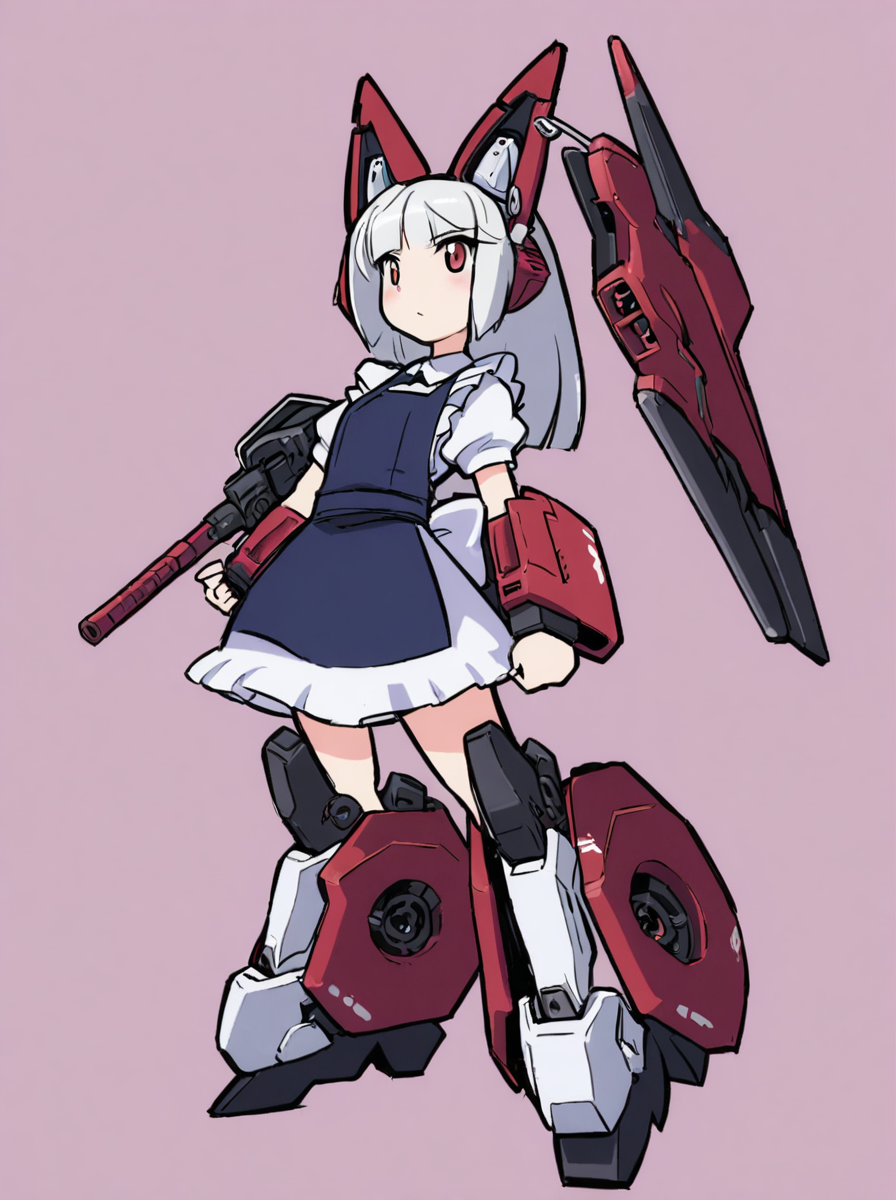 1girl,long hair,white hair,bangs,maid,cat ears,red eyes,mecha musume,<lora:kome:1>,simple background,full body,standing,