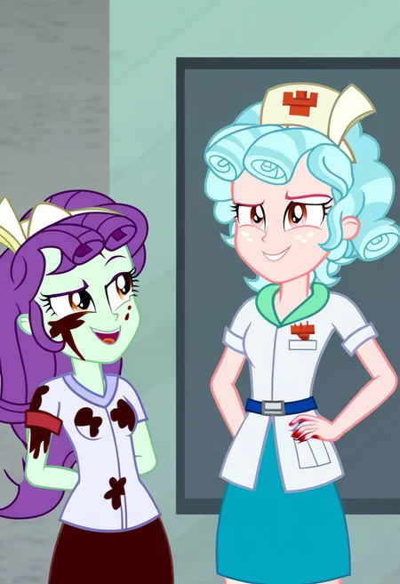 Cozy Glow, Equestria Girls, bloody nurse, at hospital, rusty walls covered in blood, dark, dingy, depressive, nightmare