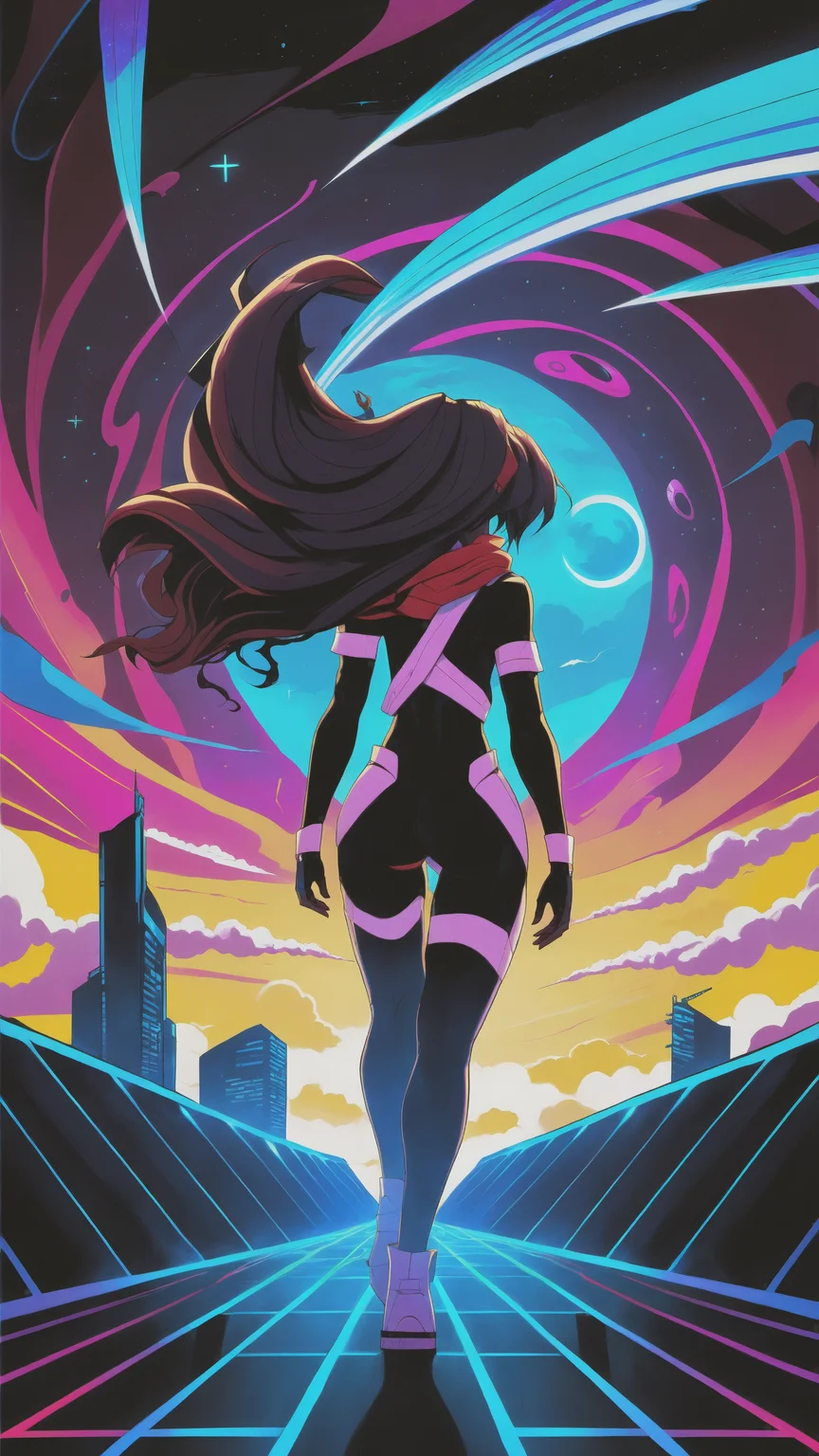 dark celestial skin body, 1girl, dark celestial skin body, void cosmic body, colored skin, flat color, jet black skin, silhouette, long hair, wind, woman, steam, step, strong light, void cosmic body, vortex, seething, smoke, disappear, (wind:1.2), black room, cloud, galaxy clouds, horizon, wing, reflected light, rip, Descending clouds, (shiny hair:1.3), zentangle, long scarf, Portals to Other Worlds, neon city, mechanical body, cloud cascade, cross, Little Red Riding Hood, (reimagined in a cyberpunk universe), (cyberpunk style), (cyberpunk), cyberpunk outfit, punk hair, (augmentation), (cybernetics), glowing neon lights, cinematic scene, hero view, action pose, beautiful 8k, detailed background, masterpiece, best quality, high quality, absurdres, vivid