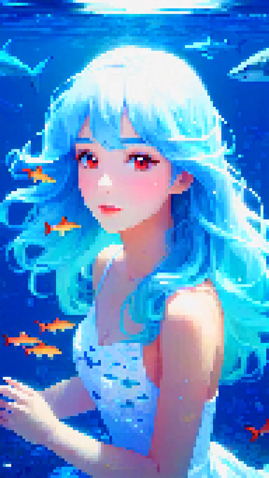 female, red under eye, under eye makeup, white eyes, white eyes, white eyelashes, blue hair, blue hair, flowing hair, flowing hair, glowing hair, glowing hair, while sharks, whale sharks, underwater, underwater, stoic face, calm face, beautiful, pretty, white dress, white dress, flowing dress, stars, stars in hair, pretty, shaded, glowing, glowing beautiful shading, glowing, under water, floating, floating