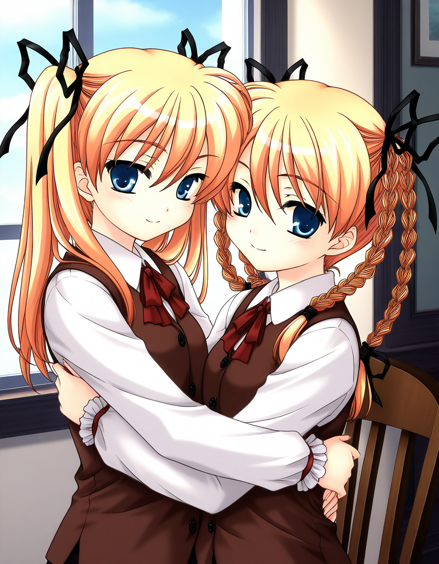 general,highres, ultra-detailed,very aesthetic,best quality ,best hands,  BREAK <lora:Itsukiï¼Imi_IS:1>ãItsukiï¼Imi,  multiple girls, 2girls, blonde hair, twins, siblings, blue eyes, twintails, braid, ribbon, BREAK,
sisters, twin braids, hair ribbon, long hair, chair, brown vest, hug, upper body, shirt, smile,