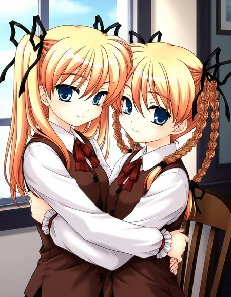 general,highres, ultra-detailed,very aesthetic,best quality ,best hands,  BREAK <lora:Itsukiï¼Imi_IS:1>ãItsukiï¼Imi,  multiple girls, 2girls, blonde hair, twins, siblings, blue eyes, twintails, braid, ribbon, BREAK,
sisters, twin braids, hair ribbon, long hair, chair, brown vest, hug, upper body, shirt, smile,