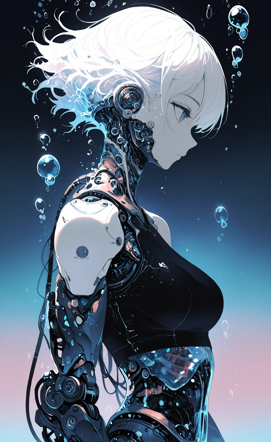 masterpiece, best quality, good quality, very awa, newest, highres, absurdres, 1girl, solo, breasts, short hair, bare shoulders, medium breasts, upper body, white hair, sleeveless, water, from side, crop top, gradient background, profile, expressionless, science fiction, bubble, underwater, android, cable, joints, air bubble, mechanical arms, cyborg, robot joints, mechanical parts, limited palette, <lora:illustriousXL_stabilizer_v1.23:0.3> <lora:NOOB_vp1_detailer_by_volnovik_v1:0.3> <lora:ponyv6_noobE11_2_adamW-000017:0.3> <lora:114558v4df2fsdf5:0.6> <lora:XXX667:0.4> <lora:mon_monmon2133:0.5>