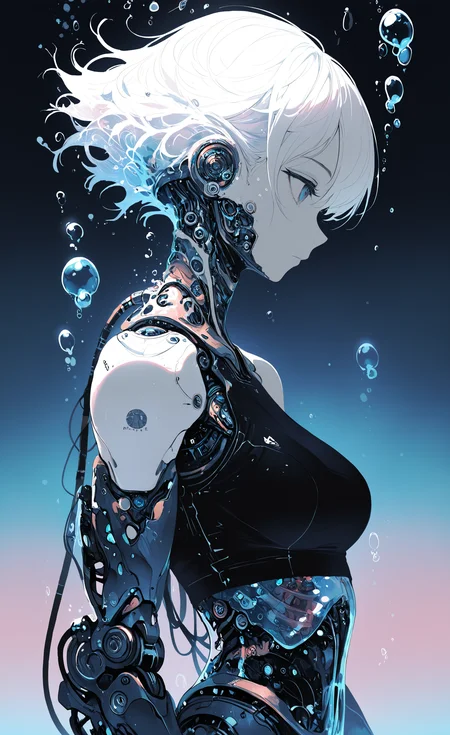 masterpiece, best quality, good quality, very awa, newest, highres, absurdres, 1girl, solo, breasts, short hair, bare shoulders, medium breasts, upper body, white hair, sleeveless, water, from side, crop top, gradient background, profile, expressionless, science fiction, bubble, underwater, android, cable, joints, air bubble, mechanical arms, cyborg, robot joints, mechanical parts, limited palette, <lora:illustriousXL_stabilizer_v1.23:0.3> <lora:NOOB_vp1_detailer_by_volnovik_v1:0.3> <lora:ponyv6_noobE11_2_adamW-000017:0.3> <lora:114558v4df2fsdf5:0.6> <lora:XXX667:0.4> <lora:mon_monmon2133:0.5>