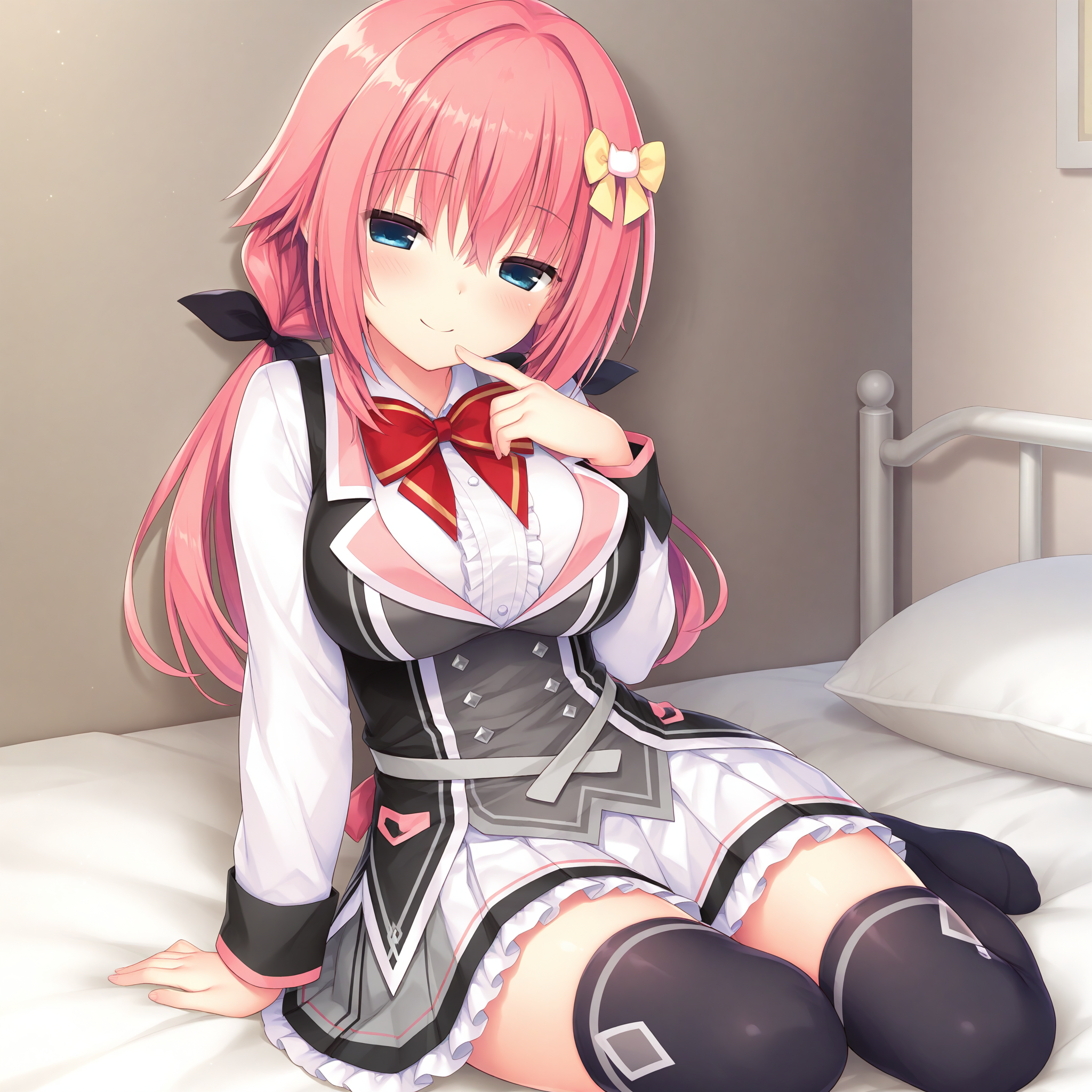 <lora:Tokiwa_Kano_1_nai-000047:1>,Tokiwa Kano,low twintails,black bow,hair bow,star hair ornament,
school uniform,black thighhighs,bow,zettai ryouiki,long sleeves,pleated skirt,
1girl,solo,sitting,on bed,leaning back,against wall,looking at viewer,smile,front view,convenient_leg,finger to mouth,half-closed eyes,yokozuwari,