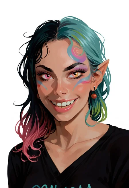 heterochromia, solo, earrings, horns, pointy ears, multicolored hair, jewelry, smile, teeth, shirt, looking at viewer, black shirt, pink hair, open mouth, tattoo, 1girl, black hair, makeup, portrait, colored sclera, blue hair, multicolored eyes, extra eyes, messy hair, simple background, pink eyes, fangs, facial mark, sharp teeth, gradient hair, yellow eyes, white background, green eyes, hair between eyes, purple hair, upper body, eyelashes, grin, two-tone hair, green hair, eyeshadow, collarbone, :d, third eye, aqua hair, oni, red eyes, floating hair, male focus, ringed eyes, slit pupils,, zPDXL3, detailxl,  Score_PnyReal, (lineless:1.5)