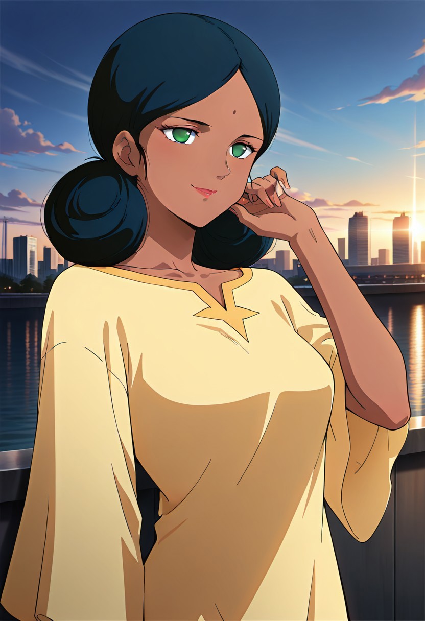 ((masterpiece, absurdres)), best quality, amazing quality, newest, 4k, anime coloring, very aesthetic, ray tracing, Smooth Quality, CG, source_anime,
city view,lalah, 1 female, dark skin, double bun hairstyle, blue hair, green eyes, red lips, forehead mark, yellow long dress,smile