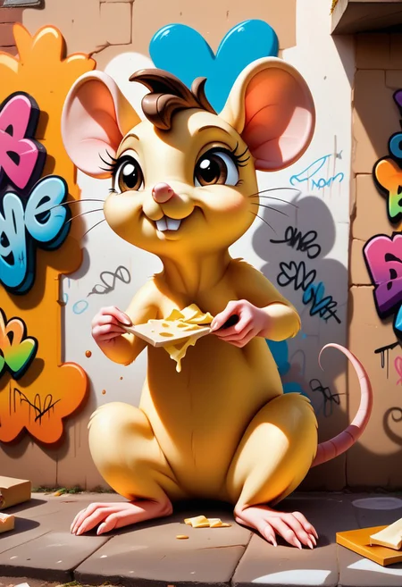 score_9, score_8_up, score_7_up, a little brown mouse, corner of the wall, eating cheese, Graffiti, <lora:GraffitiStylePONY:1>