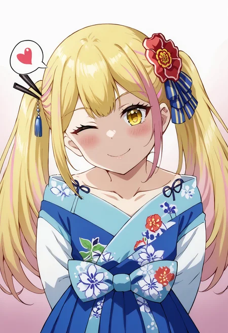 score_9, score_7_up, score_6_up, source_anime, uncensored, zPDXLxxx, <lora:intricate_details:1> intricate_details_xl, gradient background, multicolored background, (charged:1.1), close-up
<lora:ASBoE_SaraDaOdin_v1.0:1> SaraGD, sara da odin, default outfit, 1girl, solo, blonde hair, pink hair, multicolored hair, streaked hair, twintails, long hair, hair ornament, hair flower, yellow eyes, wide sleeves, dress, frills, blue dress, wide sleeves, long sleeves, japanese clothes, kimono, floral print, blue bow, collarbone, looking at viewer, arms behind back, one eye closed, blush, smile, happy, (head tilt:1.1), spoken heart, leaning forward,