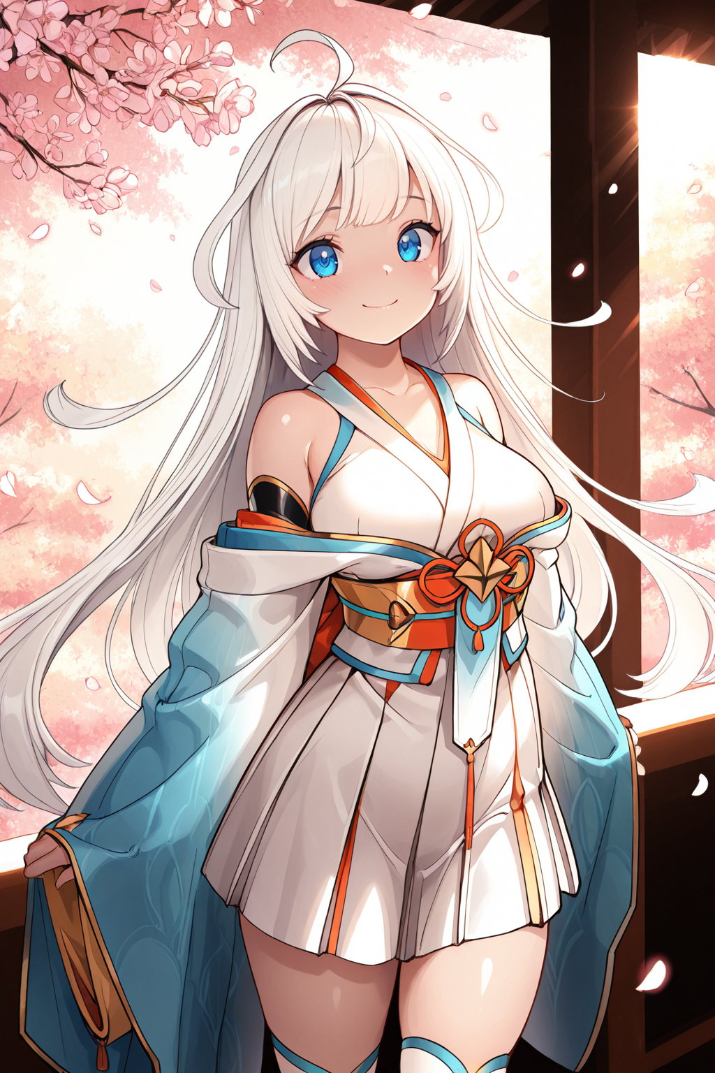 masterpiece, best quality, amazing quality, ultra-detailed, 8k, high contrast <lora:nagi_ayrb_0.2:1>
nagi_ayrb, white hair, very long hair, ahoge, blue eyes,bare shoulders, white kimono, blue sleeves, gold trim,wide sleeves, black kote, short dress, pleated skirt, sash, blue and white clothing,  white thighhighs,
smile, standing under cherry blossom, petals falling, breeze, arms at sides,
daylight, glowing petals, sunlight through leaves, soft focus,
warm colors, beautiful composition