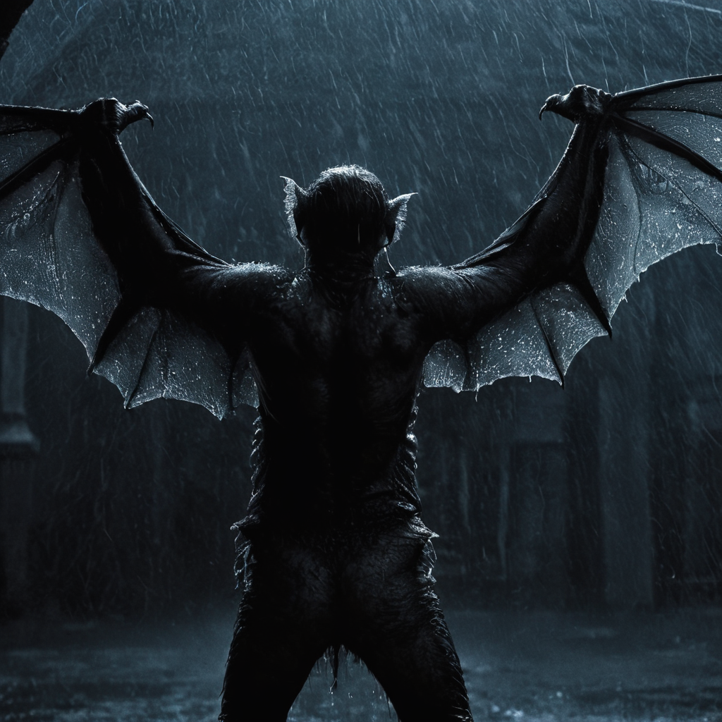 Horror-themed,  <lora:Vampire Bat:1>
Set in 19th-century England and Romania, Vampire Bat a vampire bat from behind is standing in the rain with its wings spread,monochrome,weapon,wings,rain,monster,blue theme,dragon,size difference , Horror themed, dark themed, Bram Stoker's Dracula 1992 film style, Eerie, unsettling, dark, spooky, suspenseful, grim, highly detailed