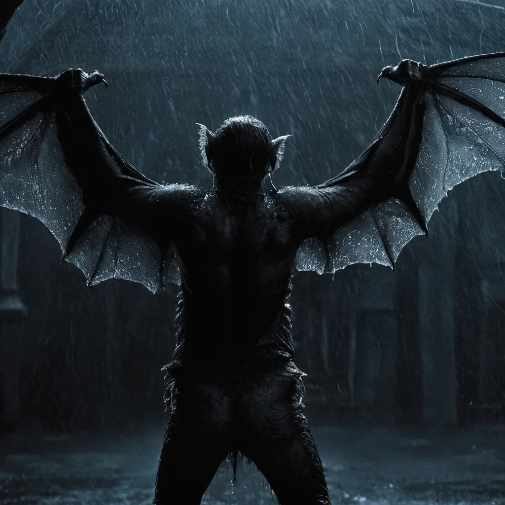 Horror-themed, <lora:Vampire Bat:1>
Set in 19th-century England and Romania, Vampire Bat a vampire bat from behind is standing in the rain with its wings spread,monochrome,weapon,wings,rain,monster,blue theme,dragon,size difference , Horror themed, dark themed, Bram Stoker's Dracula 1992 film style, Eerie, unsettling, dark, spooky, suspenseful, grim, highly detailed