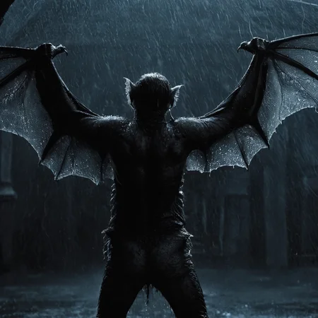 Horror-themed, <lora:Vampire Bat:1>
Set in 19th-century England and Romania, Vampire Bat a vampire bat from behind is standing in the rain with its wings spread,monochrome,weapon,wings,rain,monster,blue theme,dragon,size difference , Horror themed, dark themed, Bram Stoker's Dracula 1992 film style, Eerie, unsettling, dark, spooky, suspenseful, grim, highly detailed