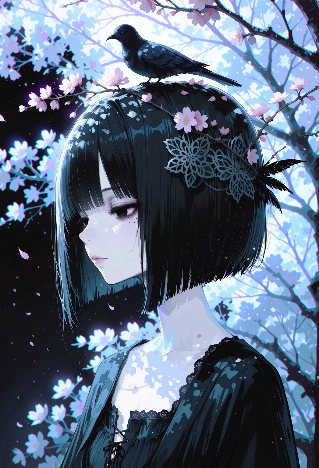 masterpiece, best quality, good quality, very awa, very aesthetic, absurdres, newest, 8k, HDR, focused subject, 1girl, solo, black hair, bob cut, detailed hair, feather hair ornament, black eyes, solid eyes, detailed eyes, detailed face, nose, lips, skin detention, mole under eye,expressionless, gazing, head tilt, pale skin, goth fashion, high collard,lace trim, square neckline, birds nest on head, colorful singing bird, sakura tree branch, sakura blossoms, floating, bright sunlight, dappled light, blurry sky background, petals from side, profile, portrait, bright theme, bloom, chromatic aberration, limited palette, volumetric lighting,photo \(medium\), intricate, 15546+456868, r17329_illu,