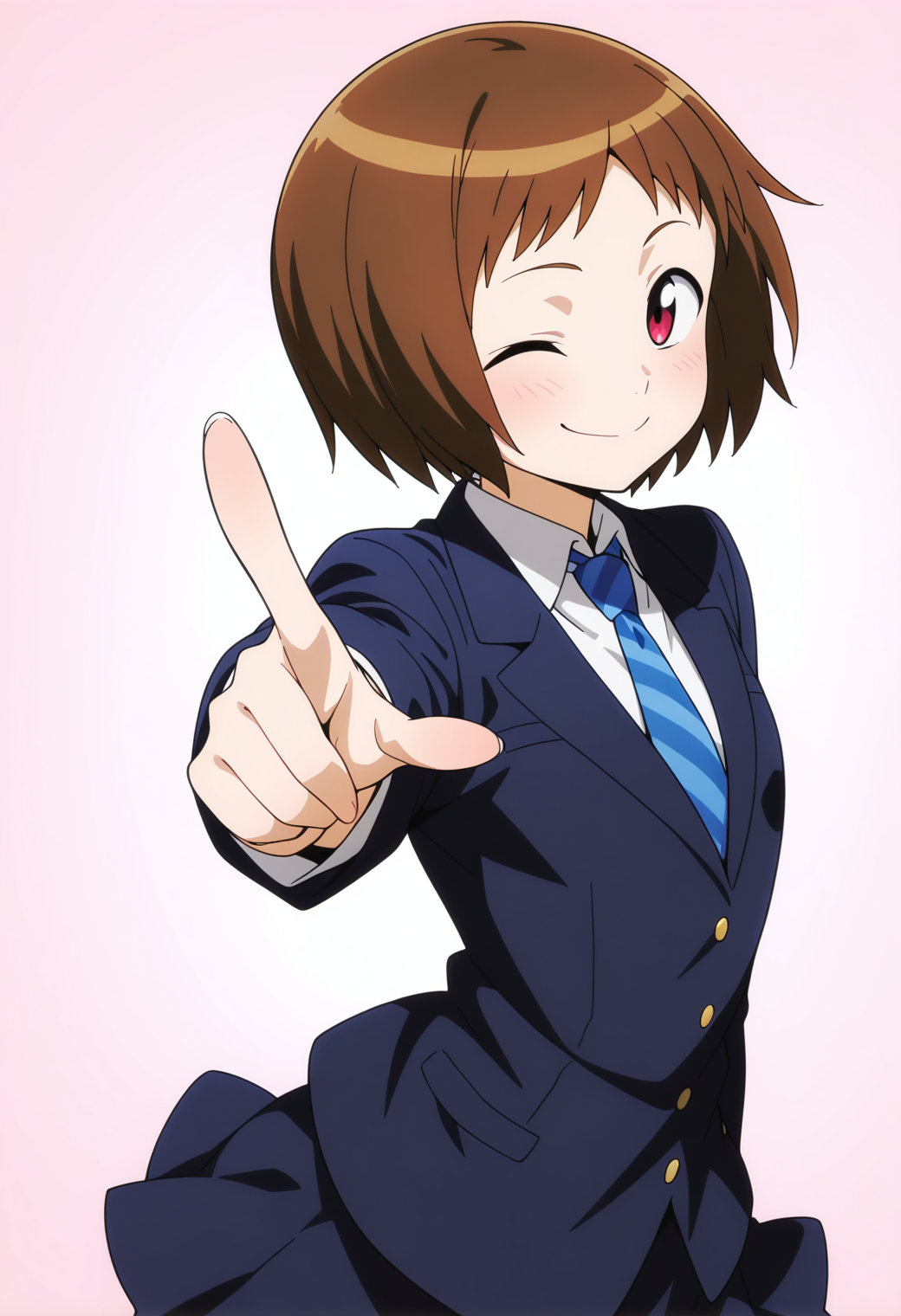 masterpiece, best quality, very aesthetic, absurdres, 1girl, solo,
<lora:ogura_shio_v01:0.9>, ogura_shio, shio_school, brown hair, short hair, red eyes,
school uniform, blazer, striped necktie, skirt, smile, one eye closed, posing, pointing, upper body