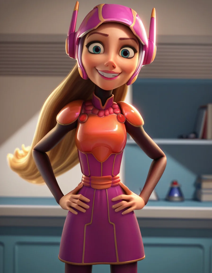 score_9, score_8_up, score_7_up, source_anime, <lora:honey-lemon-movie-ponyxl-lora-nochekaiser:1>, honey lemon, long hair, blonde hair, 3d,, dress, pantyhose, helmet, android, robot ears,, indoors, smug, smile, looking at viewer, solo, hands on hips,, cowboy shot, dutch angle