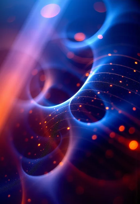 Fractals and bokeh swirl in brilliant shades of blue, purple and red. burned colors glowing with orange heat. Bands of white light dash across the canvas. High saturation and contrast. sharp lines come into focus.