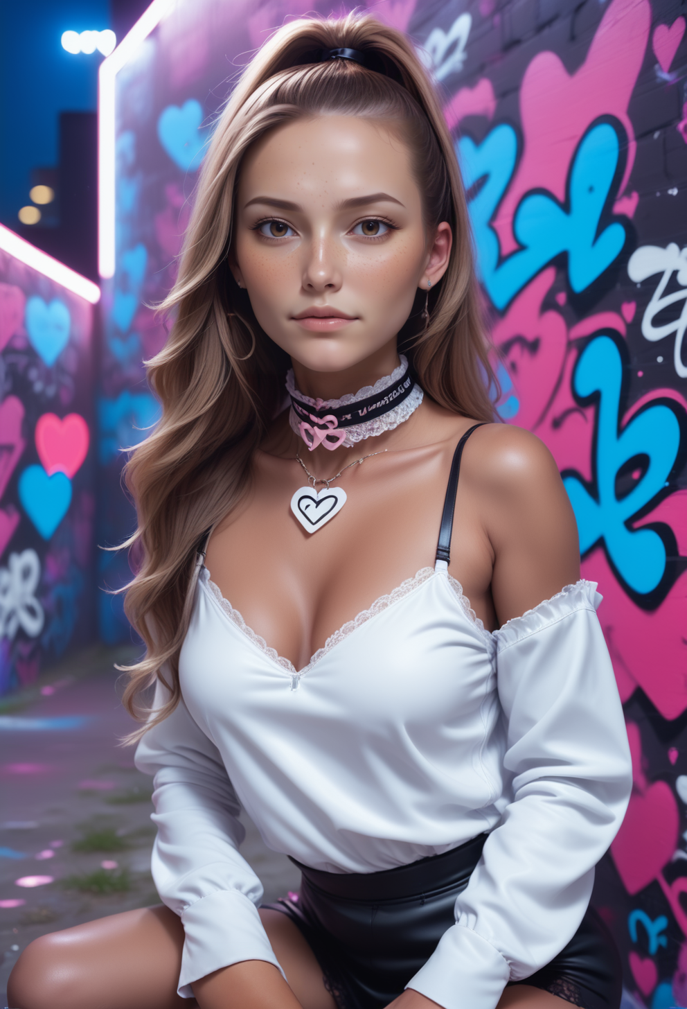 close up, selfie shot, dolleijSDXL02, soft freckles, long hair, open hair, sitting infront of a wall, choker, white dress, reij-grftt <lora:DolleijSDXL02-000003:0.9>